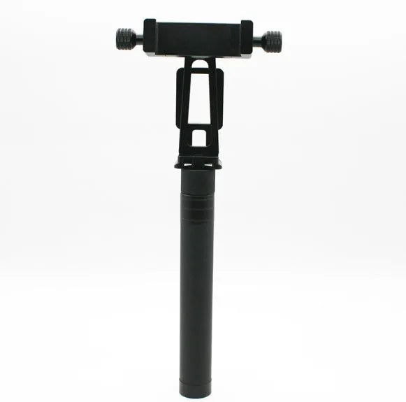 Black retractable aluminium selfie stick extended to 100cm with smartphone attached and Bluetooth remote.