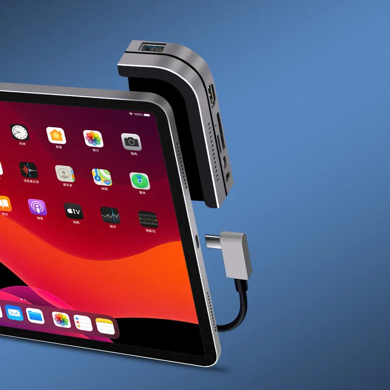 Silver aluminium grey USB-C 6-in-1 docking station for iPad Pro tablets
