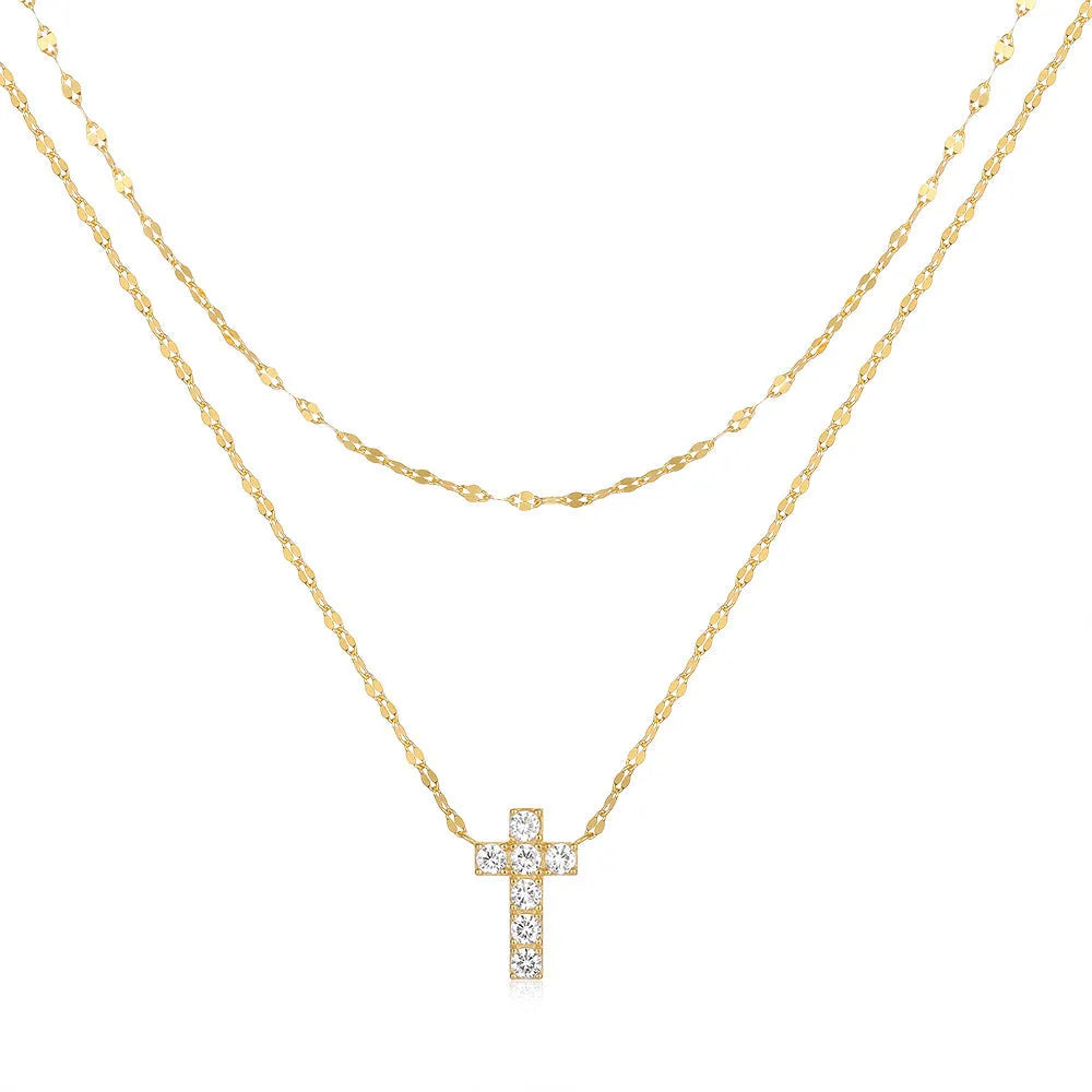 S925 sterling silver double layer cross pendant necklace with diamond treatment in gold colour