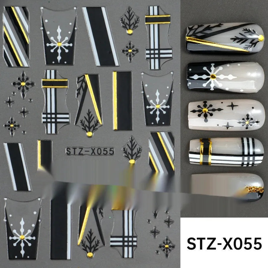 Close-up of a cartoon-style nail sticker with black and silver strips and a love pattern design on a fingernail.