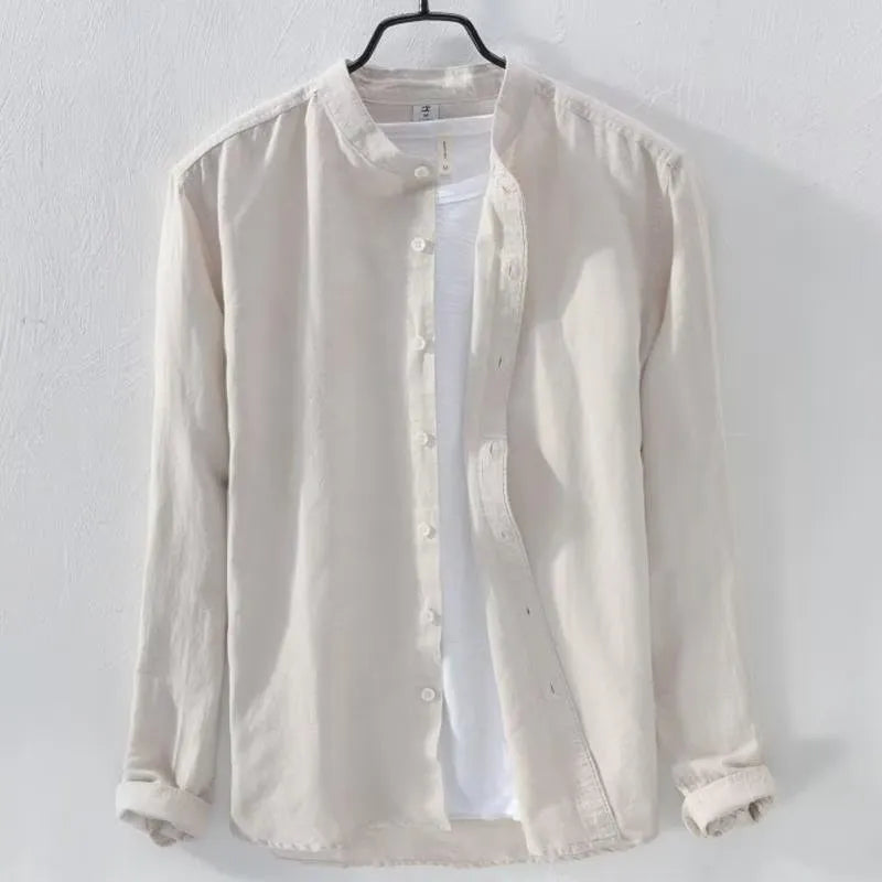 Men's loose long sleeve linen casual shirt in solid colour, shown on a hanger.