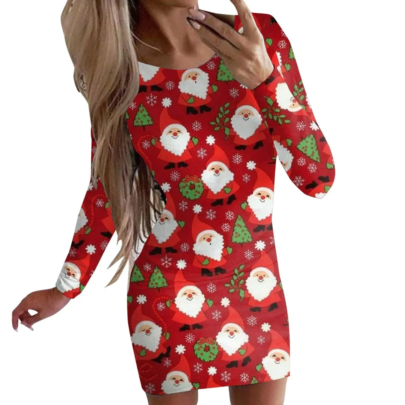 Christmas animal print narrow dress with hip skirt and long sleeves in floral colour options