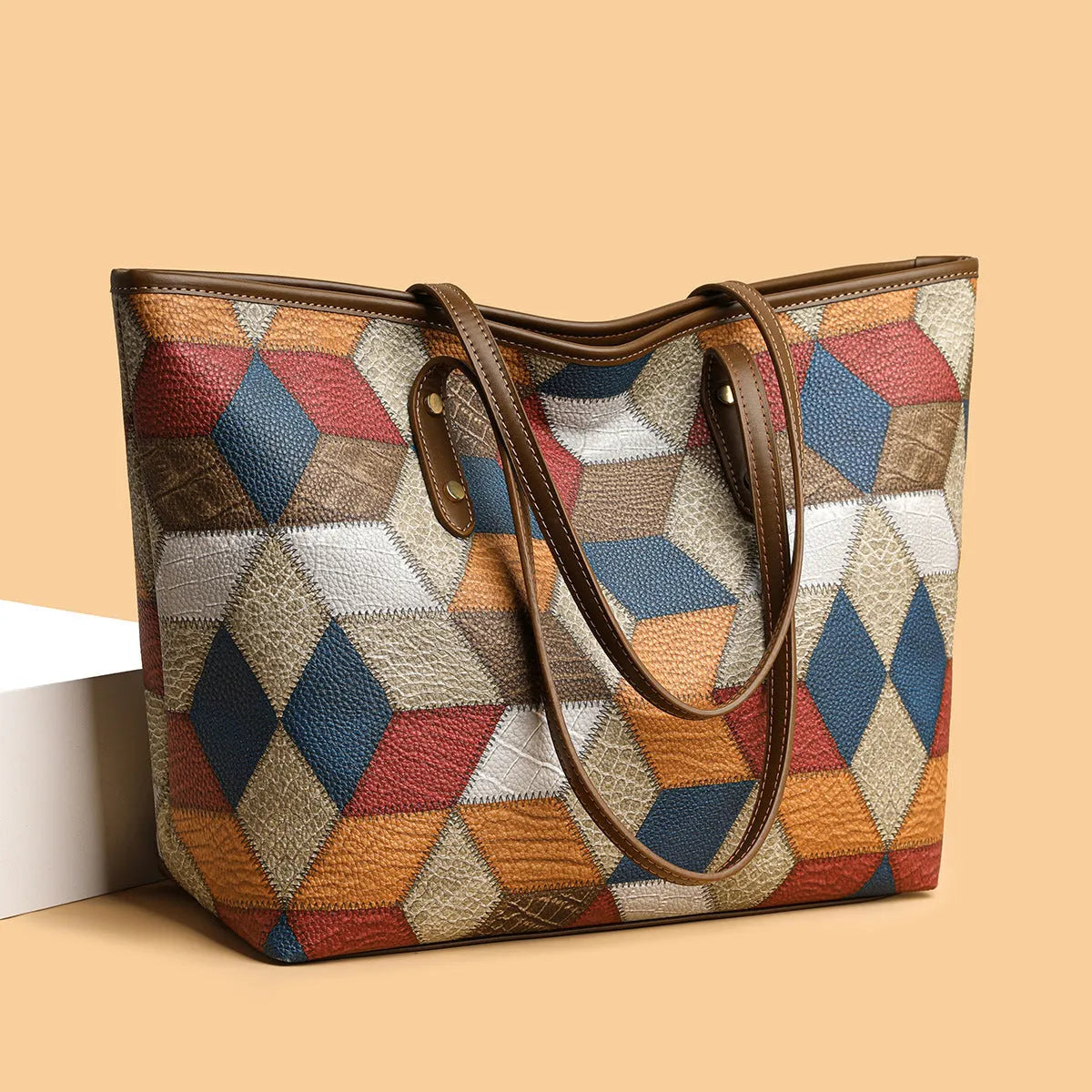 Women's large capacity PVC shoulder handbag in blue brown colour with sandwich pocket organiser