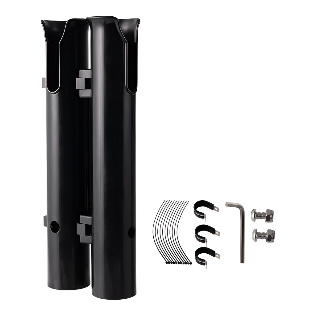 Plastic fishing rod rack with double-layer frame for mounting to bicycle or motorcycle handlebars.