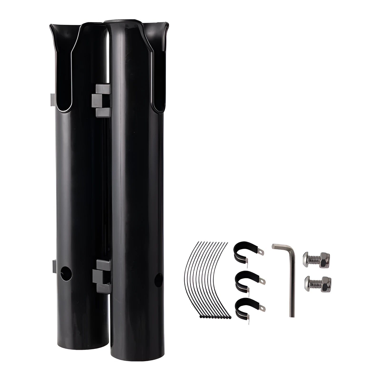 Plastic fishing rod rack with double-layer frame for mounting to bicycle or motorcycle handlebars.