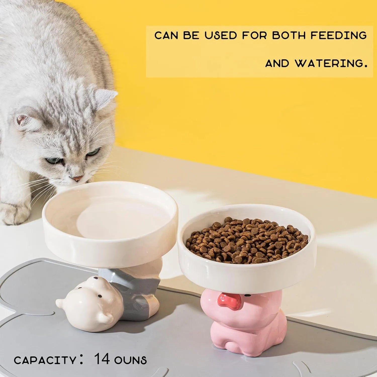 Raised ceramic cat food bowl in animal theme design, showing elevated height and wide bowl.