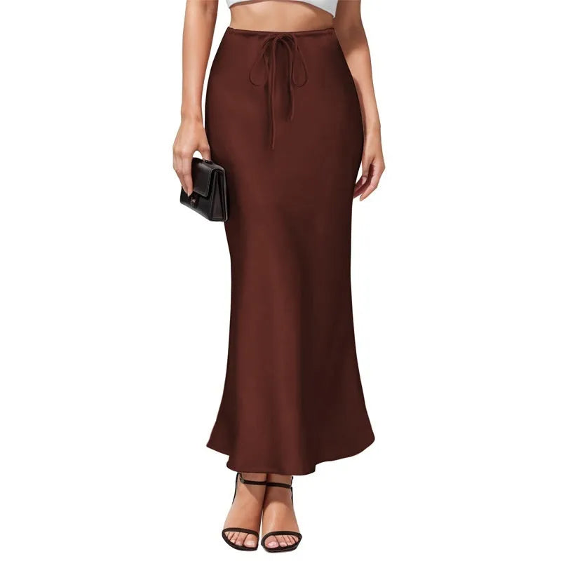 Asymmetric high-waist acetate satin skirt with irregular stitching in solid colour