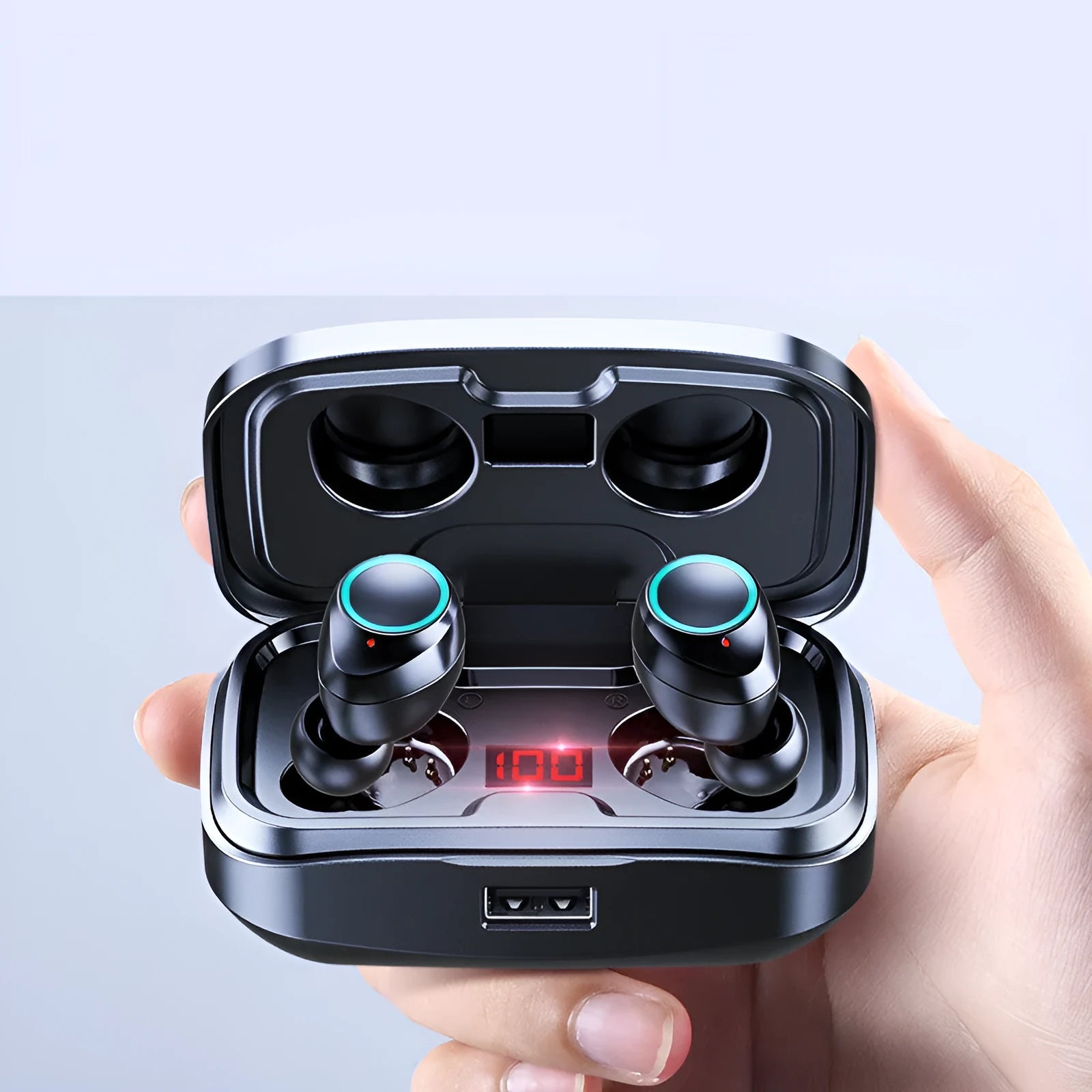 Wireless Bluetooth 5.0 in-ear earphones in black, blue, or red colours showing earplug design