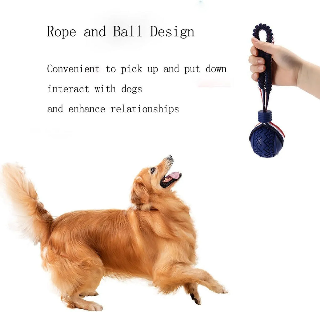 Blue or red natural rubber dog ball with rope attachment, showing textured surface and 29cm total length
