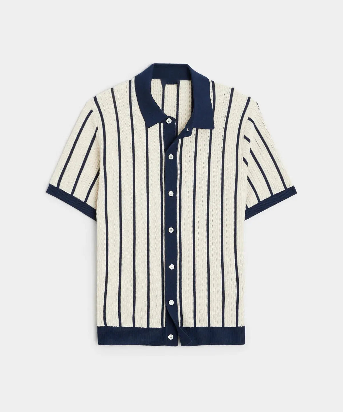 Men's white short sleeve knitted t-shirt with a lapel and asymmetric design detail.