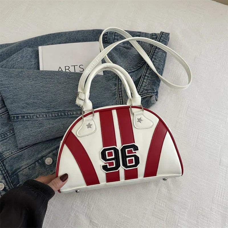 Colour blocking stripe contrast single shoulder bag in PU with stitching details, medium hardness dumpling shape