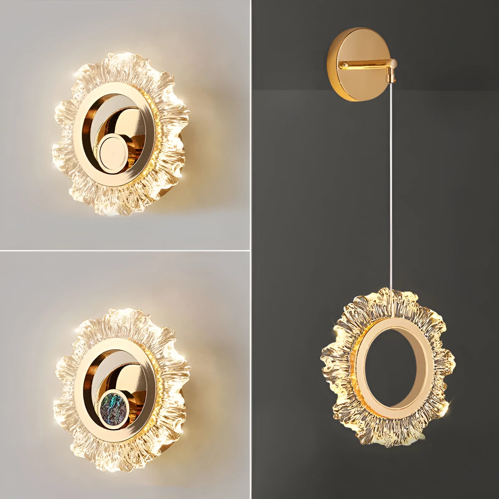 Modern minimalist bedroom wall lamp with a white acrylic shade on a wall.