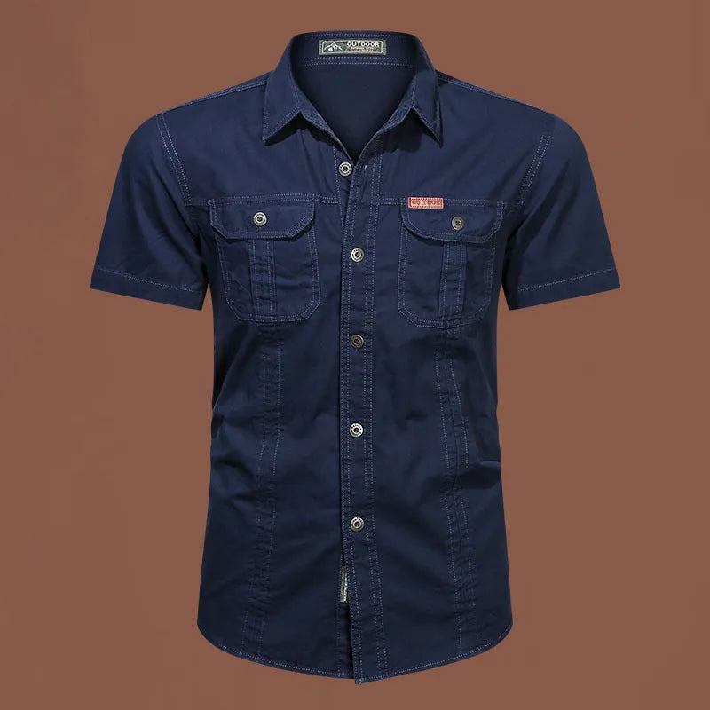 Men's short sleeve cotton work shirt in loose fit available in army green, beige, black, dark blue and other colours