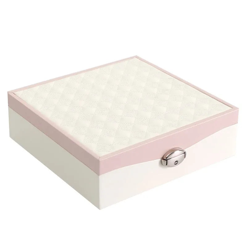 Red or white PU leather jewellery storage box with compartments for necklaces and rings