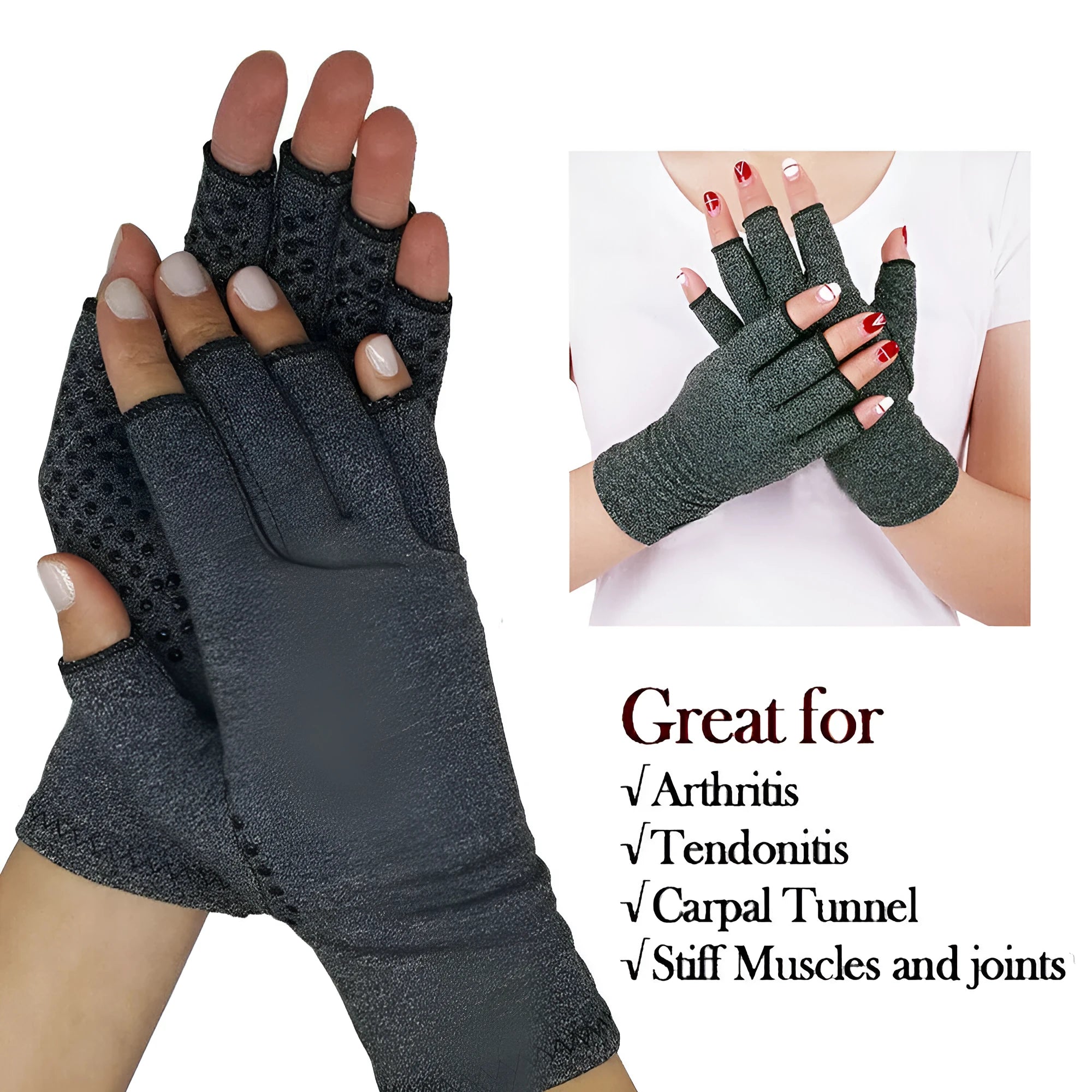 Grey half-finger joint compression gloves made from polyester trueran spandex fabric
