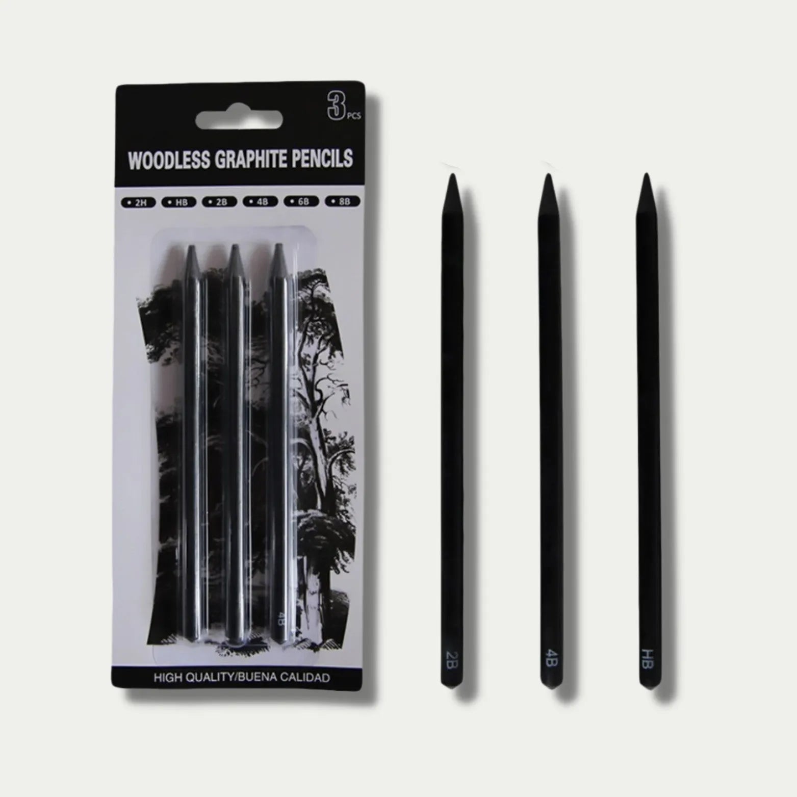 Set of six wood-free graphite sketching pencils in grades HB, 2B, 4B, 6B, 8B, and EE.