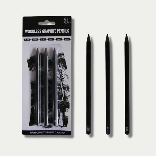Set of six wood-free graphite sketching pencils in grades HB, 2B, 4B, 6B, 8B, and EE.