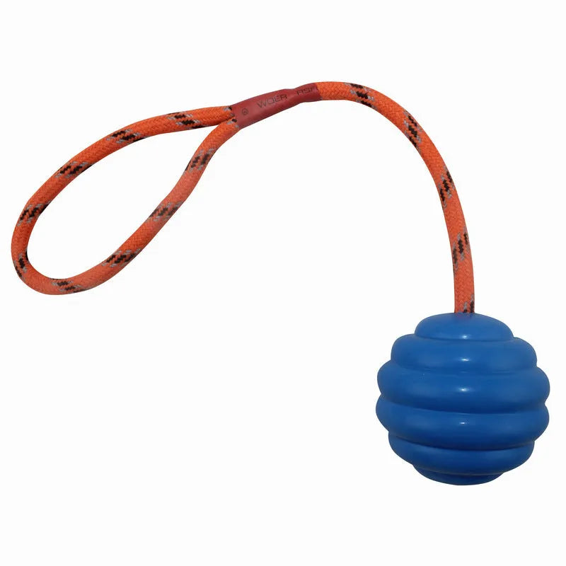 Multi-colour rubber dog toy ball with rope knot design measuring 6cm by 30cm