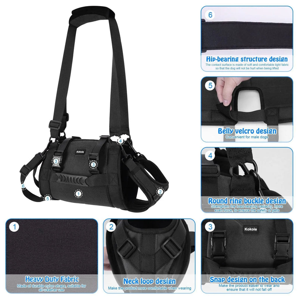 Black Oxford cloth dog harness with breast strap for leg support and rehabilitation