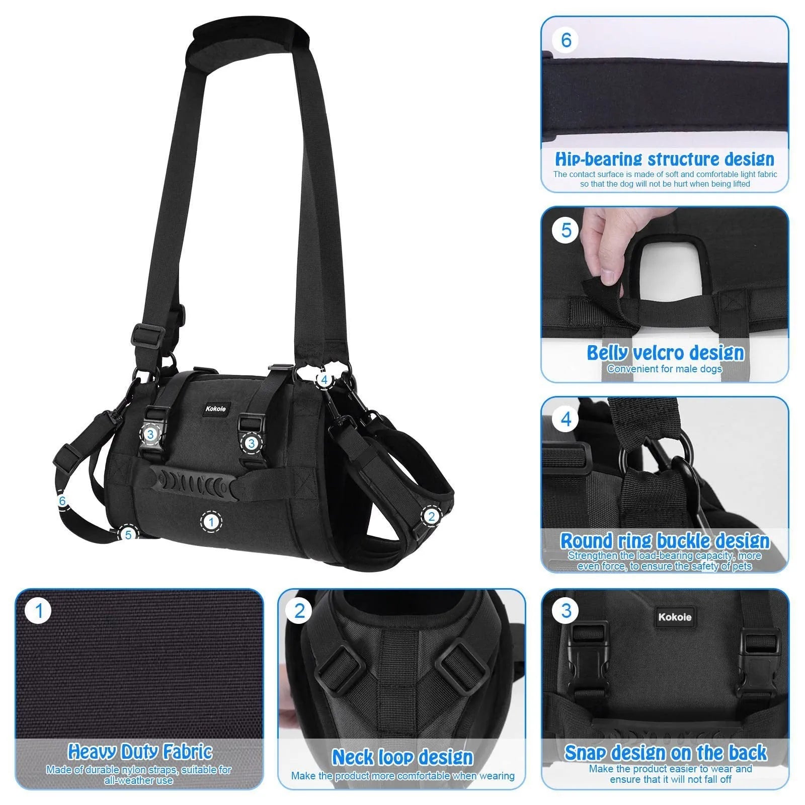 Black Oxford cloth dog harness with breast strap for leg support and rehabilitation