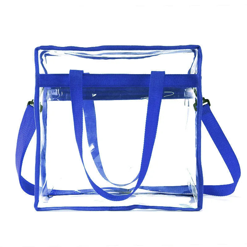 Women's transparent PVC messenger bag with crossbody strap and three-dimensional front pocket.