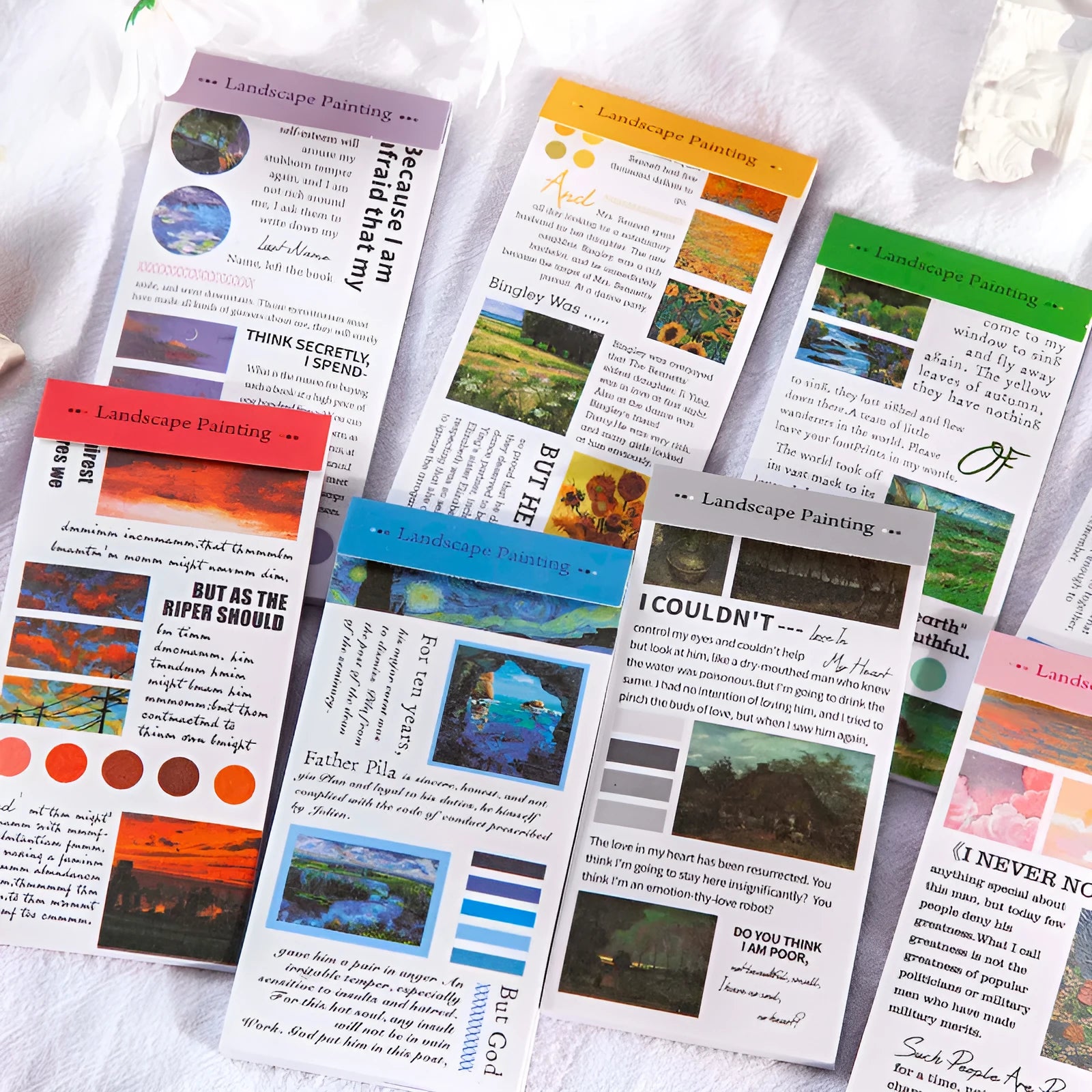 Landscape painting series paper sticker book showing 60x120mm stickers with repositionable adhesive