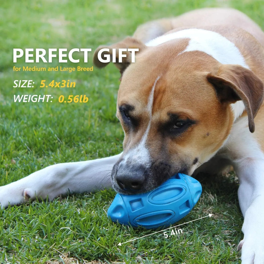 Blue, green, and orange natural rubber squeaky dog chew ball for medium and large breeds
