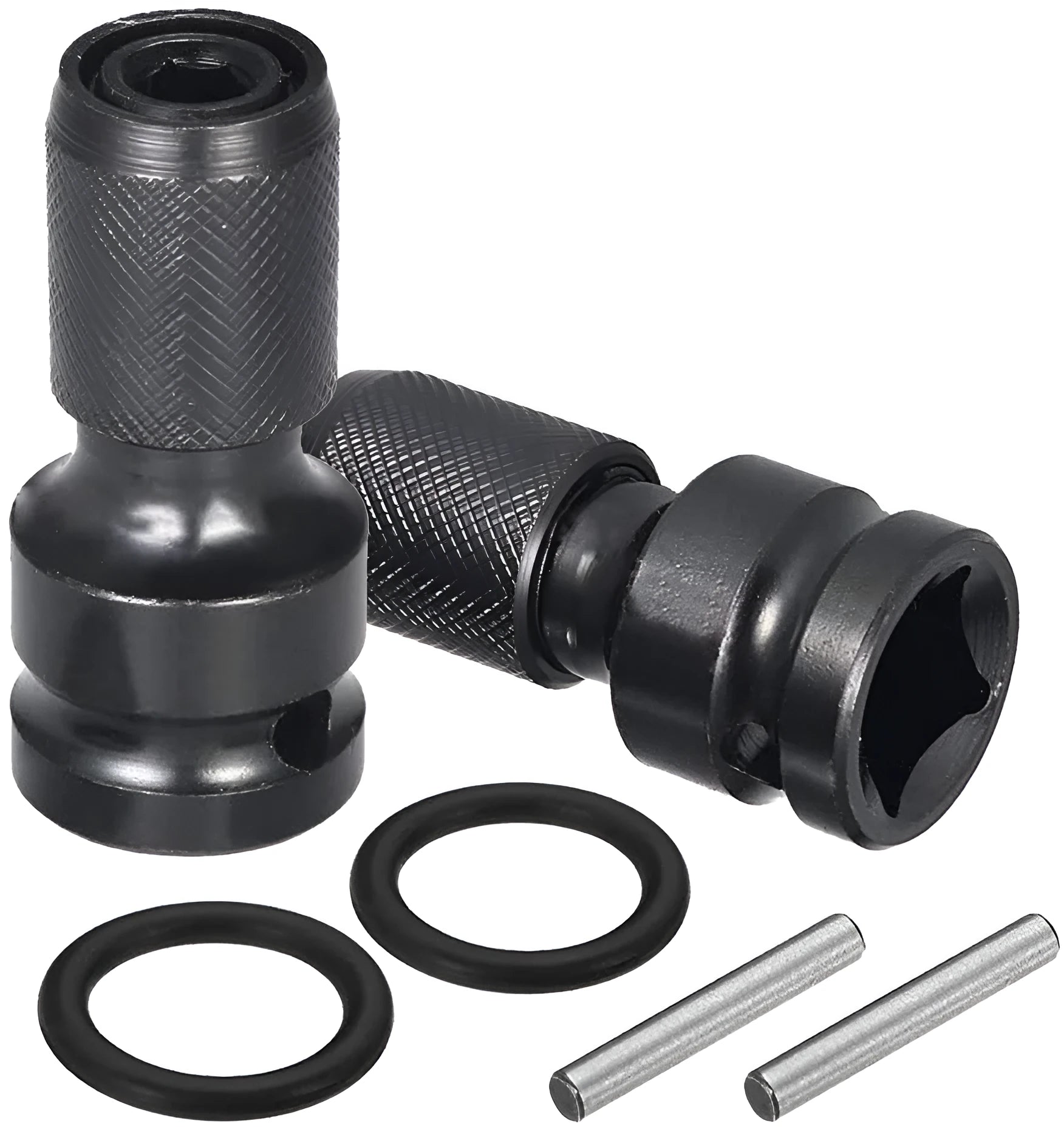 Telescopic steel bit holder adapter converting 1/2 inch square drive to 1/4 inch hex drive with O-ring bolt.
