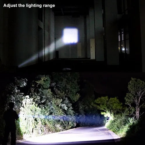 Black aluminium alloy telescopic LED flashlight with pocket clip, shown zoomed in and out.