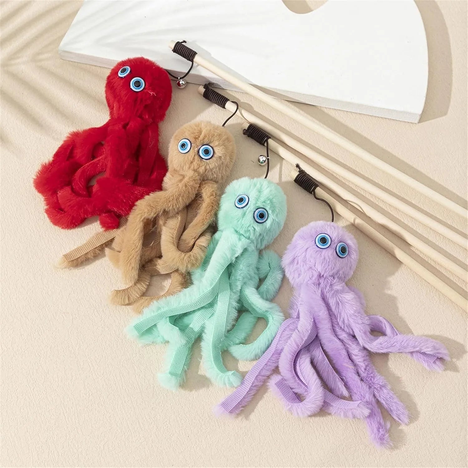 Brightly coloured furry octopus cat toy attached to a long stick for interactive indoor play