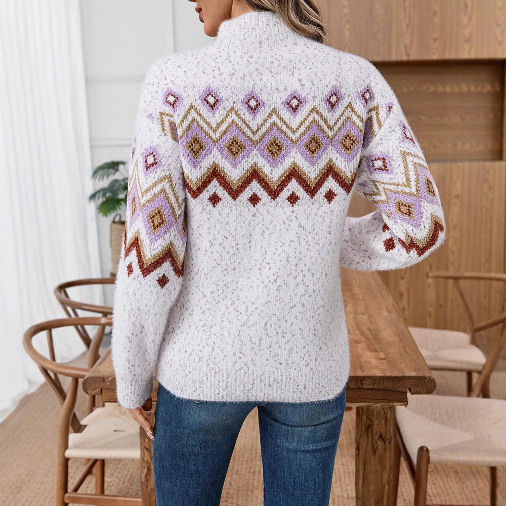 White loose-fit geometric jacquard sweater with a half-turtleneck collar, made from thick Chenille fabric.