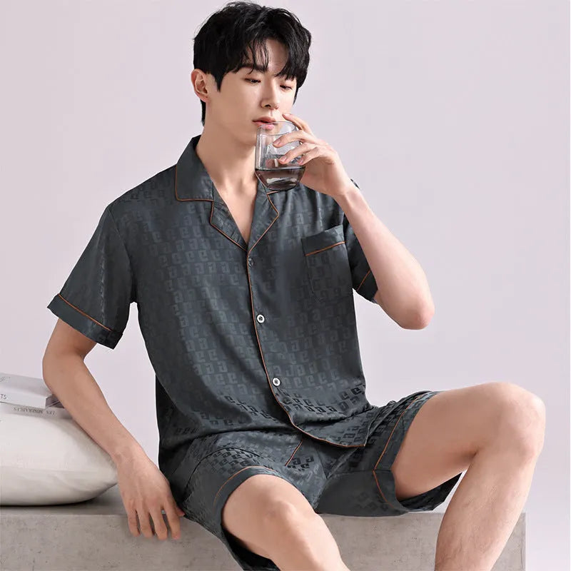 Men's ice silk cardigan and shorts pyjama set with satin jacquard pattern options