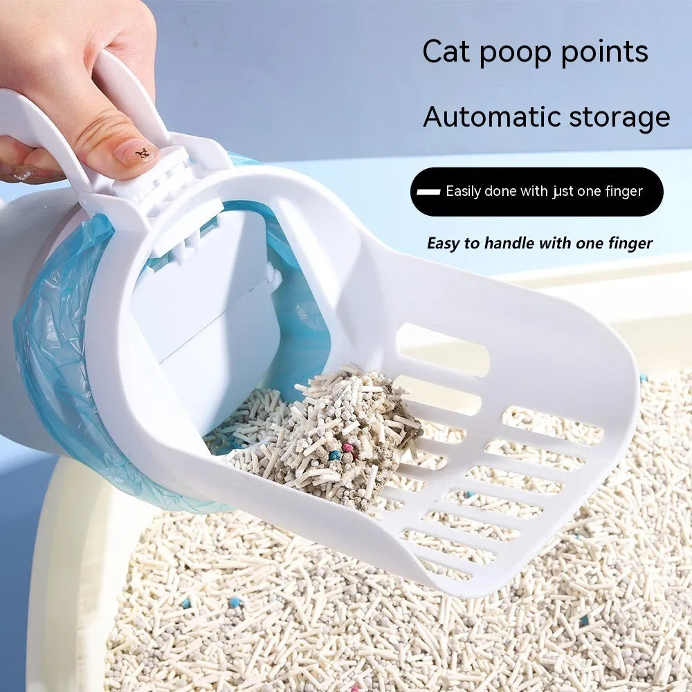 Grey foldable cat litter scoop with waste collection lid and refill bags for pet cleanup