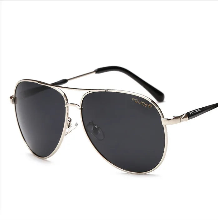 Men's polarised sunglasses with metal frame and black TAC lenses on a reflective surface