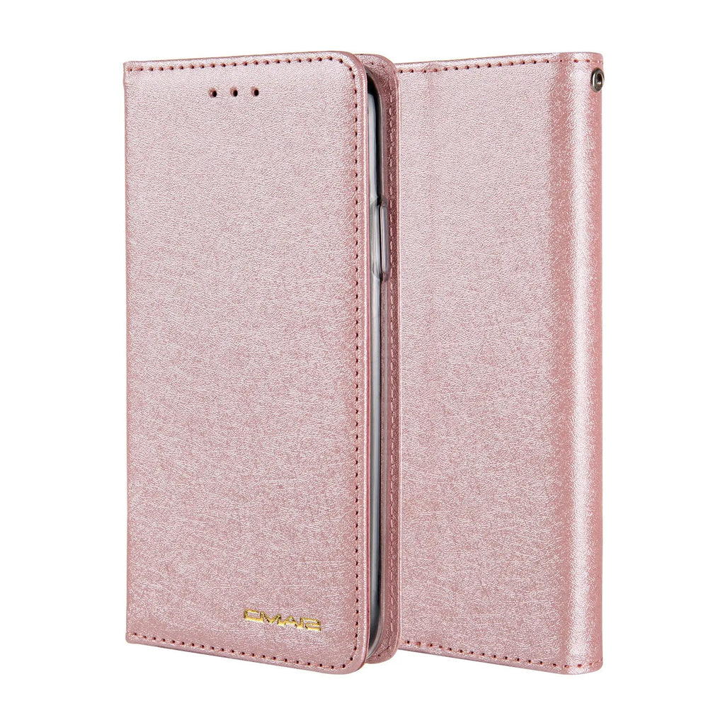 PU leather flip phone case in rose gold colour, shown open next to an iPhone, highlighting the interior card slot.