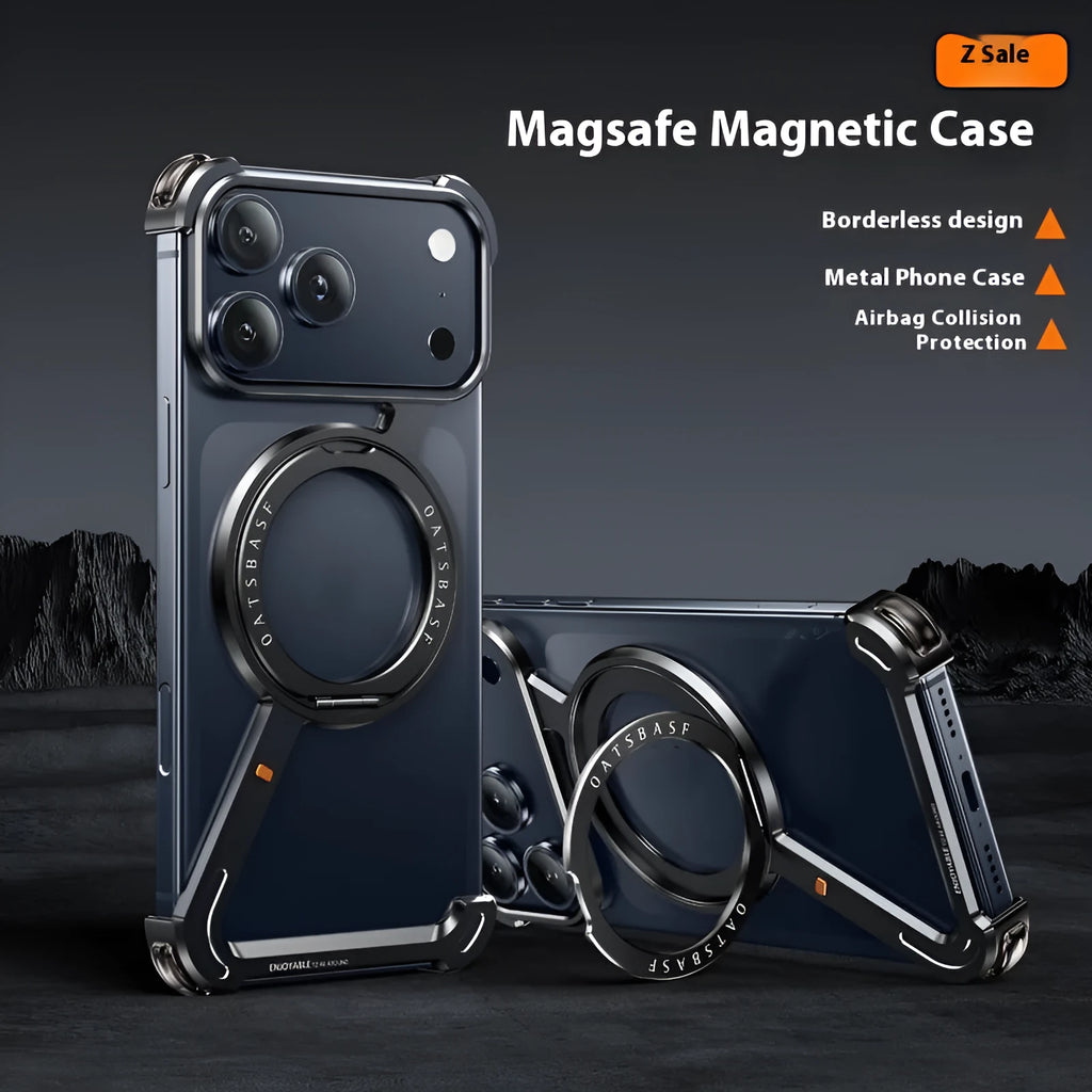 iPhone 17 Pro Max metal phone case with magnetic bracket in electroplated finish