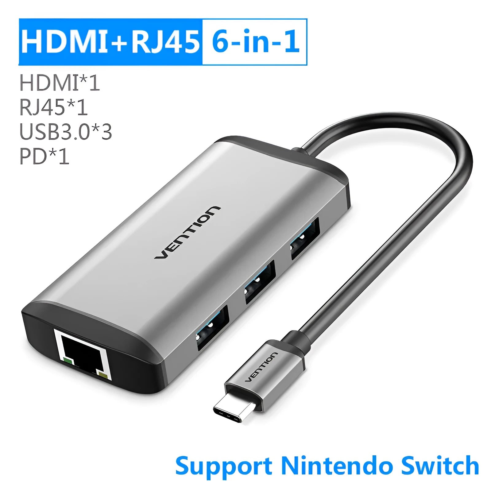 Deep grey USB-C hub converter with HDMI, USB 3.0, Ethernet, and memory card ports showing aluminium alloy construction