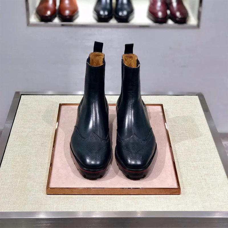 Men's black high-top leather business casual shoes with an oxford-inspired design and leather sole.