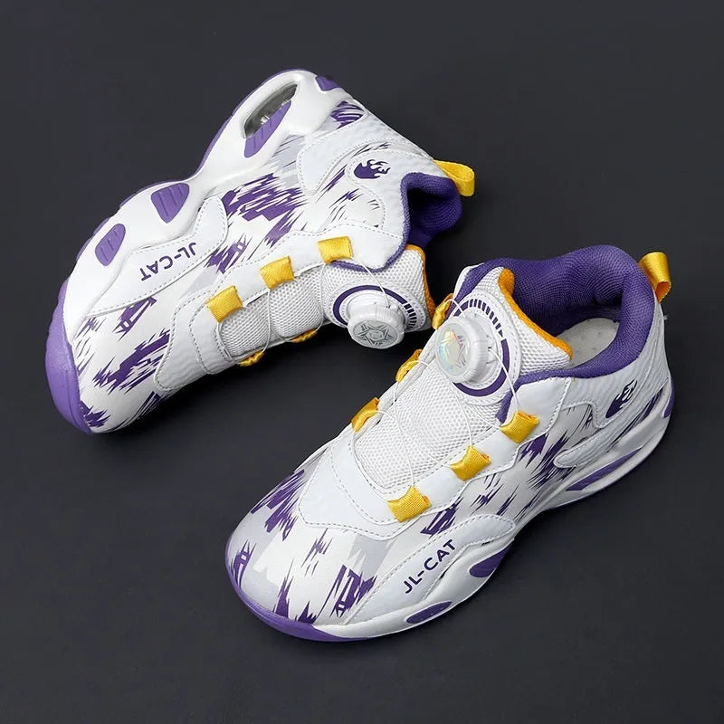 Rotating button running shoes in black synthetic leather with waterproof construction and PU soles