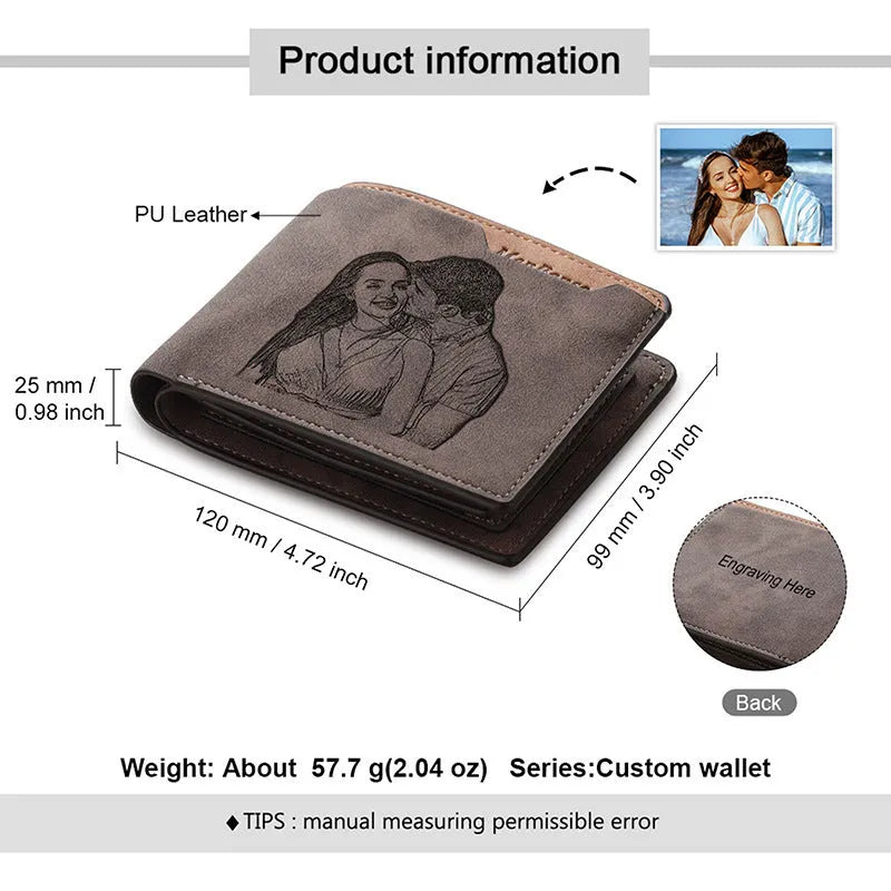 Coffee coloured engraved horizontal short wallet measuring 120x99mm with custom text or photo personalisation