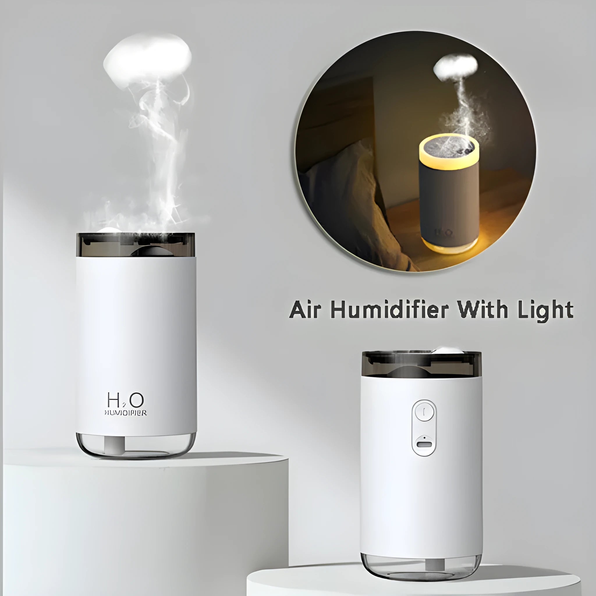 Jellyfish humidifier with USB cable and warm night light in white, pink, or blue colours