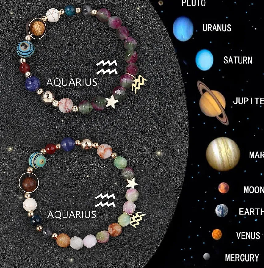 Two adjustable natural stone beaded bracelets showing zodiac sign designs on a neutral background