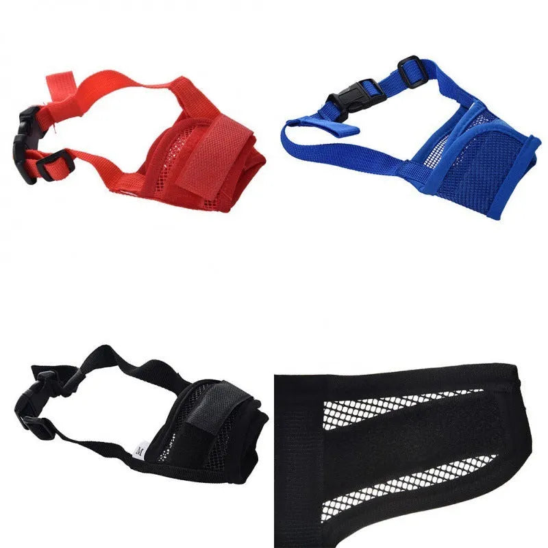 Adjustable plastic basket-style dog muzzle in red, shown on a dog's snout with quick-release buckle.