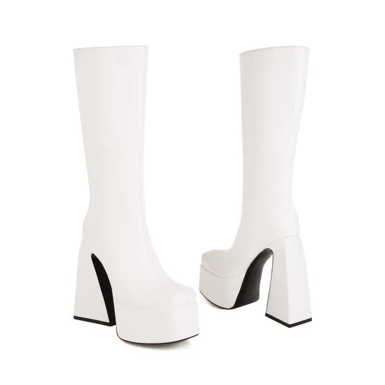 Women's casual high boots in artificial PU leather, shown in black, red, blue, and white colour options.