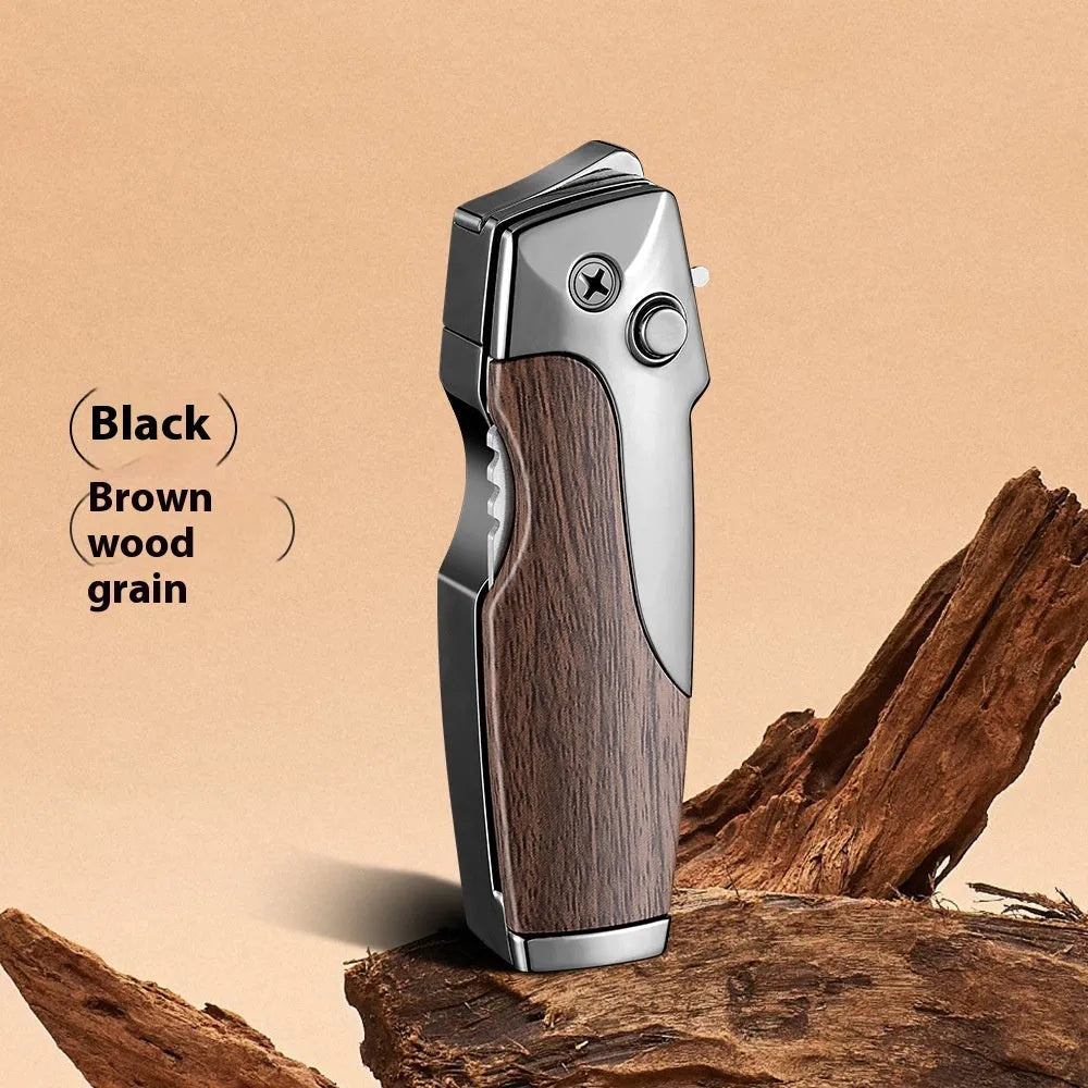 Zinc alloy folding knife and jet lighter multi-tool in black with wood grain finish, showing closed position.
