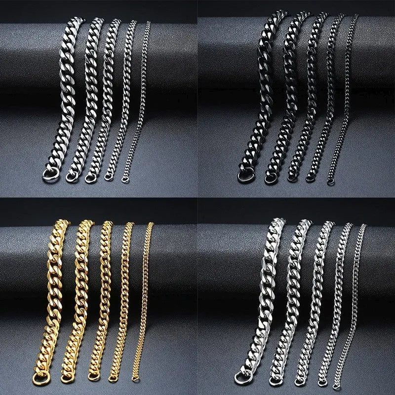 Six-sided geometric Cuban link metal bracelet in gold, black, and steel colour finishes.