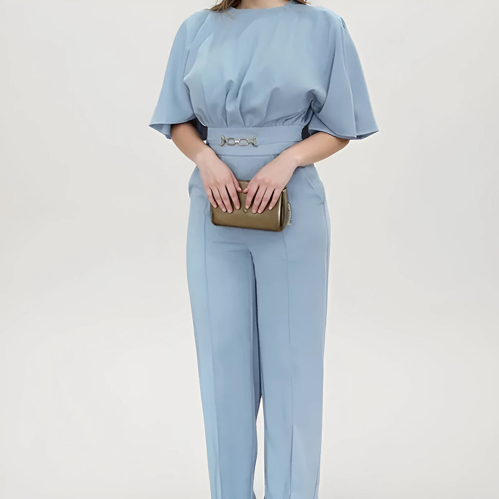 Blue men's casual two-piece suit set with long sleeve shirt and trousers on a hanger