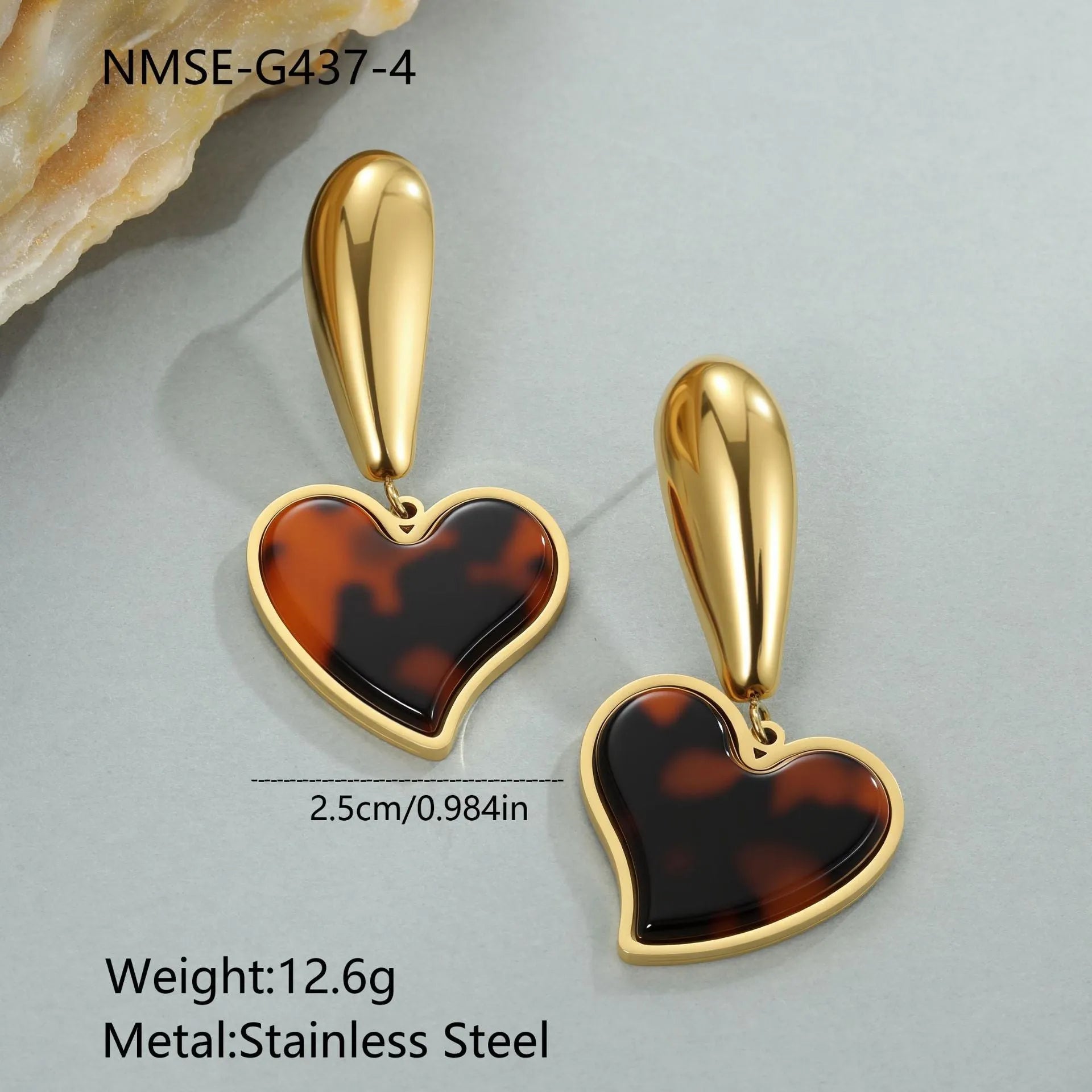 Tortoiseshell resin earrings with 18K gold electroplating in heart and flower geometric designs