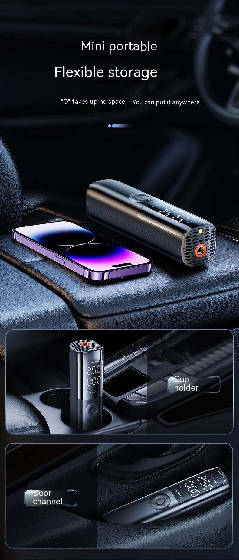 Black portable electric car air pump with tyre pressure gauge and power plug