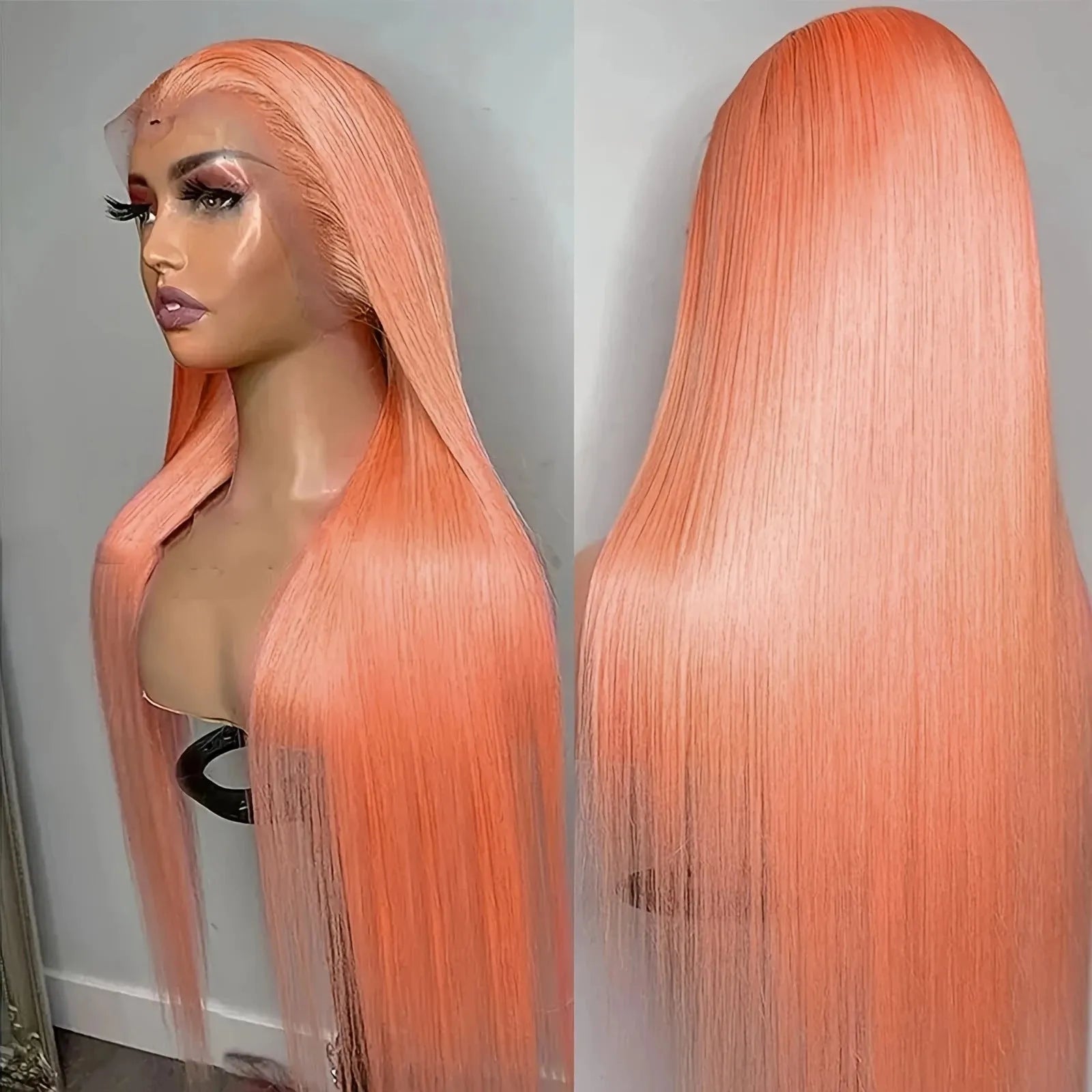 Light orange long straight front lace synthetic wig on a wig stand, showing side bangs.